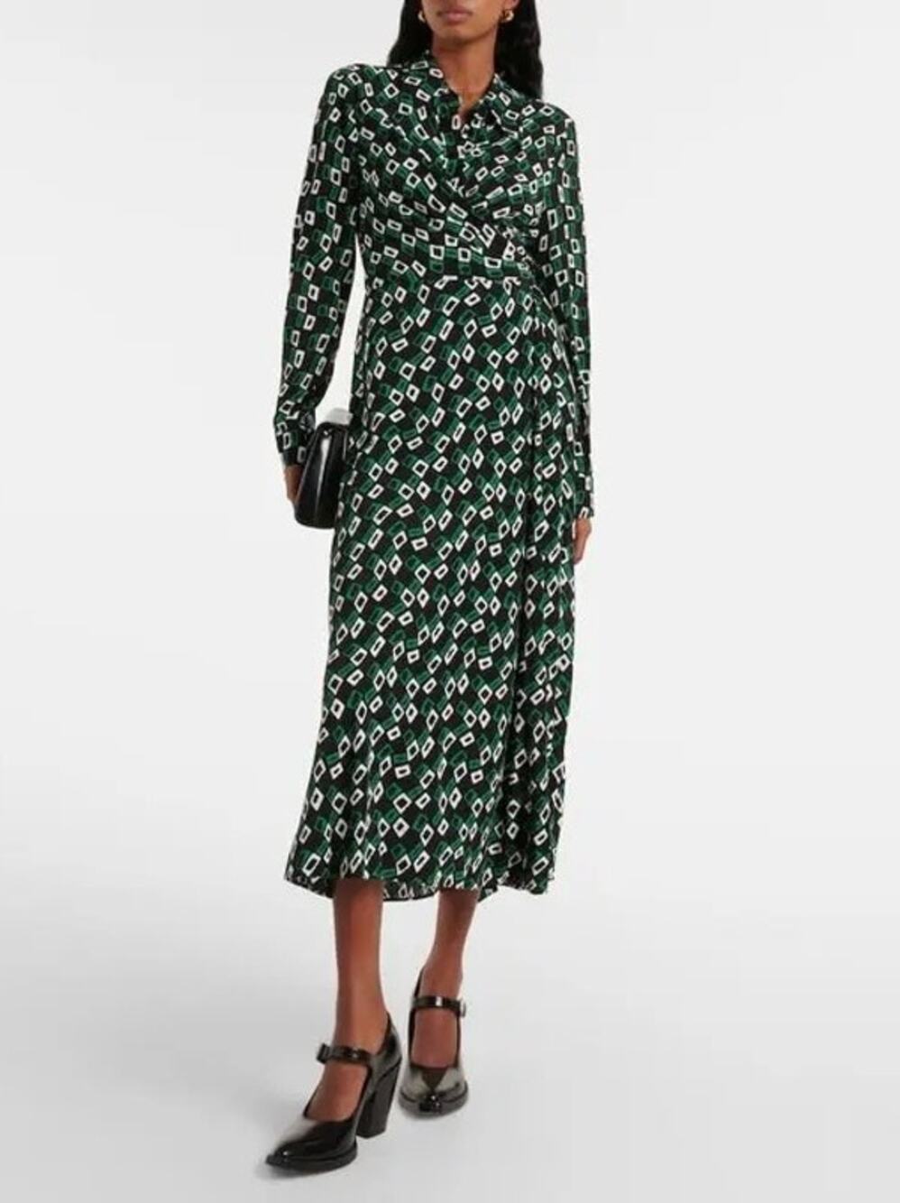 Diane Von Furstenberg Black&Green Print Tori Crepe Wrap Dress Sz.M
